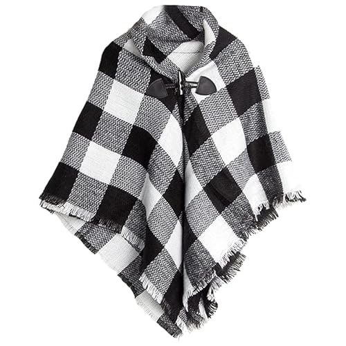Rayson Bufanda de Tartán para Niñas con Hebilla de Cuerno Capa para Niñas Cárdigan de Punto Chal de Poncho para Niños Bufandas Cálidas de Otoño e Invierno Linda Capa Cárdigan(Blanco y negro) Cover