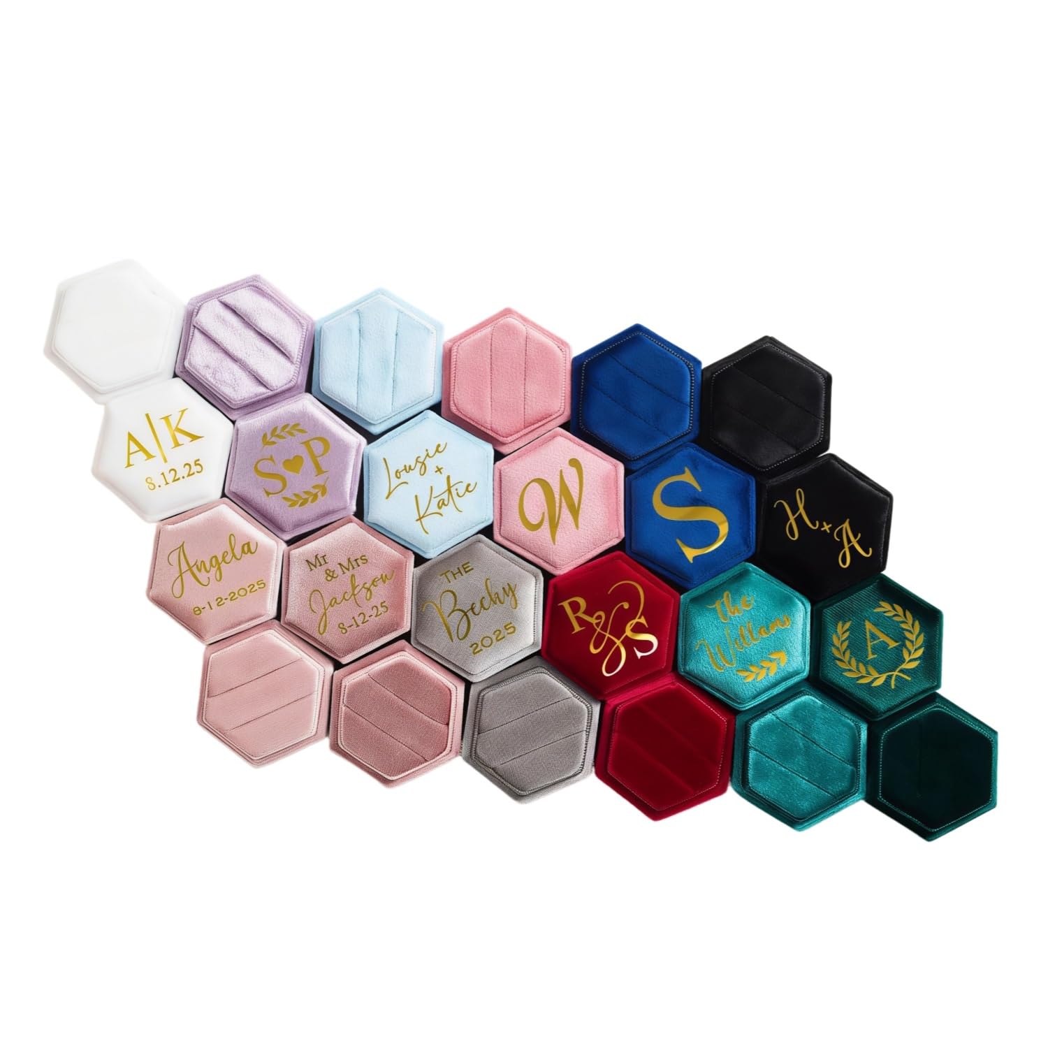 Custom Velvet Hexagon Ring Box, Personalized Initials & Date Jewelry Organizer, Proposal Ring Bearer Case for Marriage, Ceremony Props for Groom and Bride