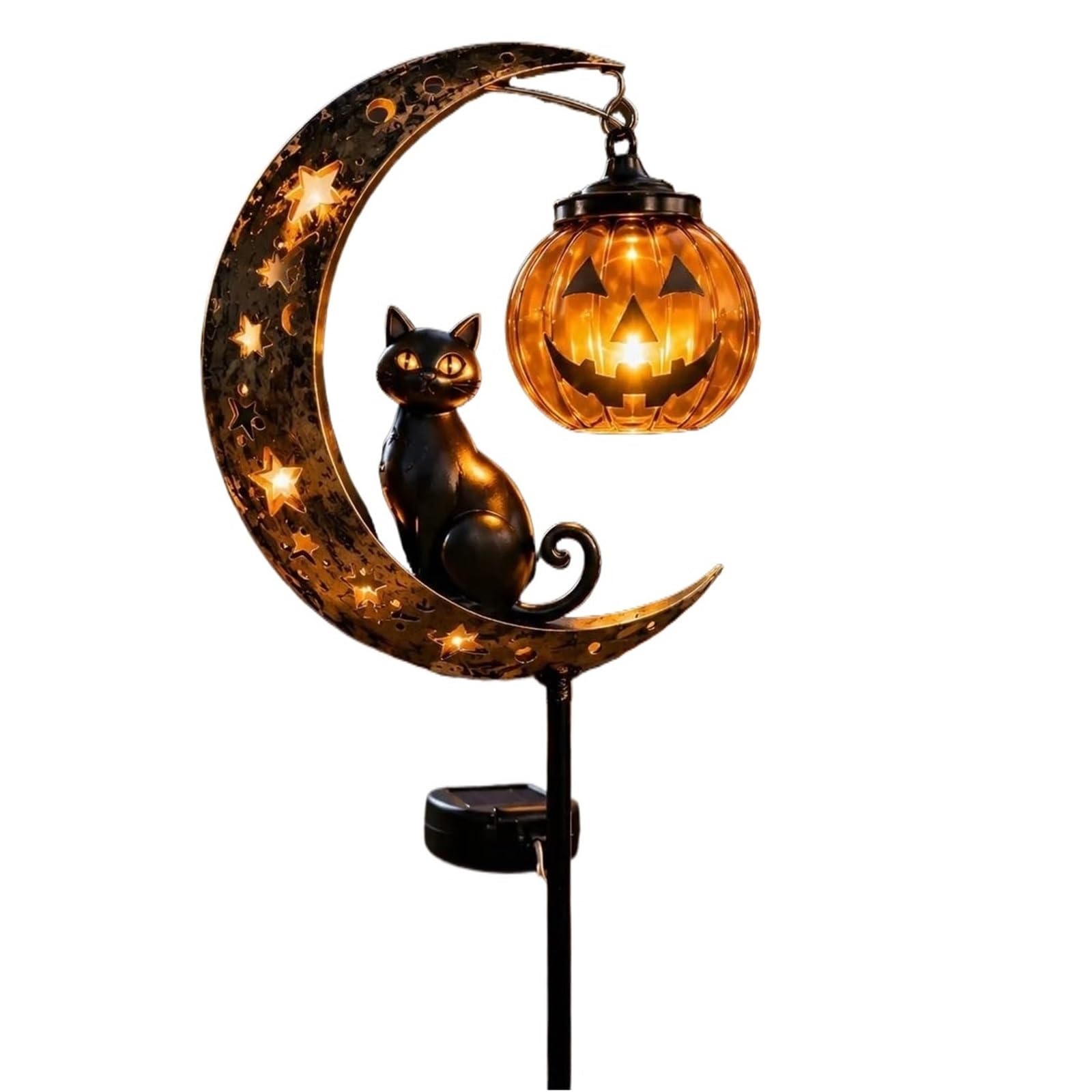 ANQKYO Solar Black Cat and Pumpkin Moon Garden Light Solar Black Cat and Pumpkin Moon Garden Stake Light, Waterproof On Crescent with Hanging Lantern
