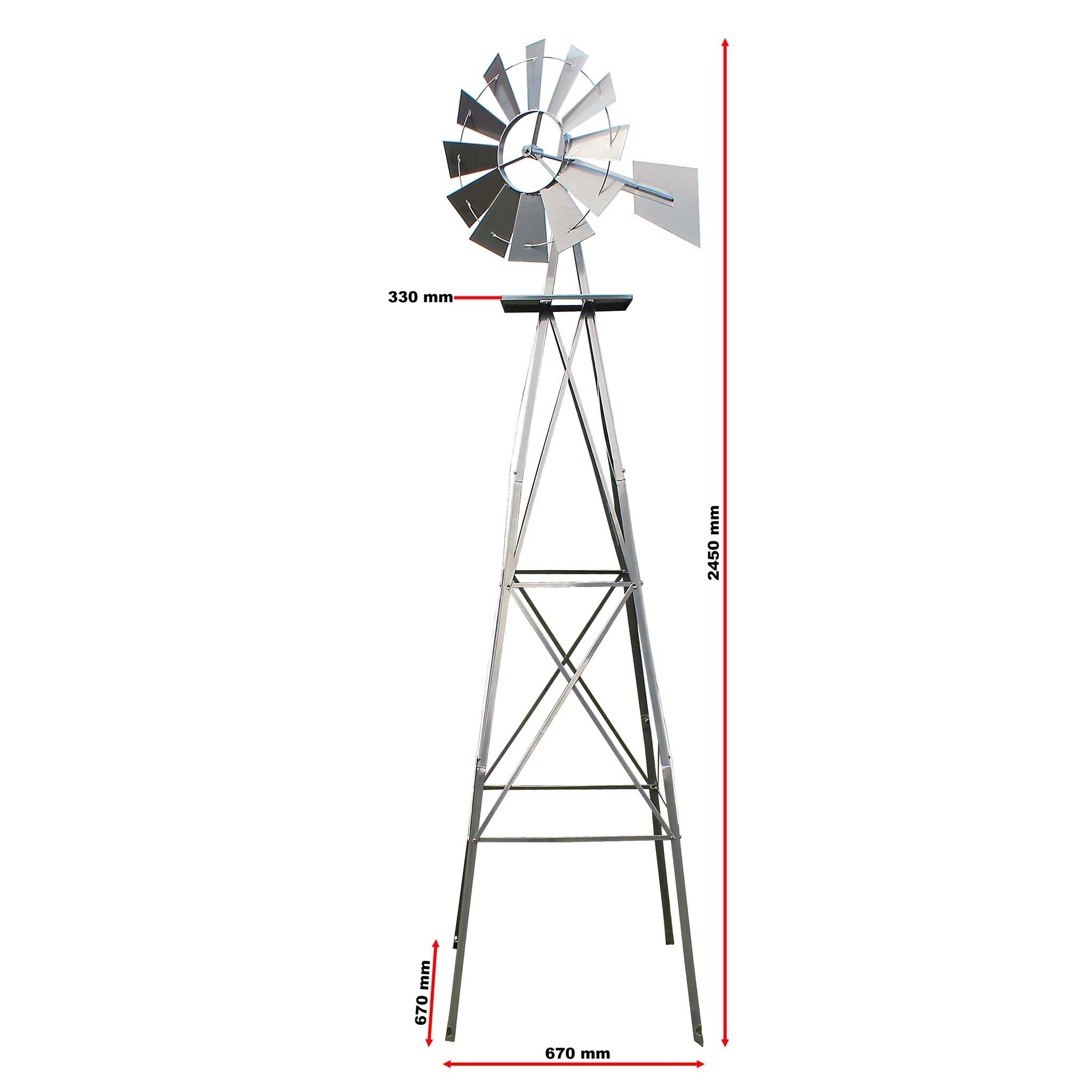 Wiltec Windrad mit 245 cm Höhe, Windmühle in Silberfarben, Windspiel im US-Design, Gartendeko mit kugelgelagertem Texasrad, Rankhilfe für Garten