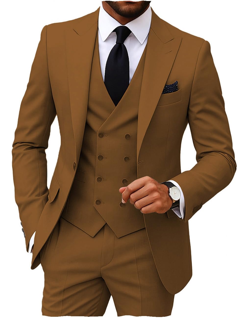 Photo 1 of MoranX Men's Suits Regular Fit 3 Pieces Double Breasted Formal Business Tuxedos Blazer Vest Pants for Wedding Grooms(Brown,Medium)