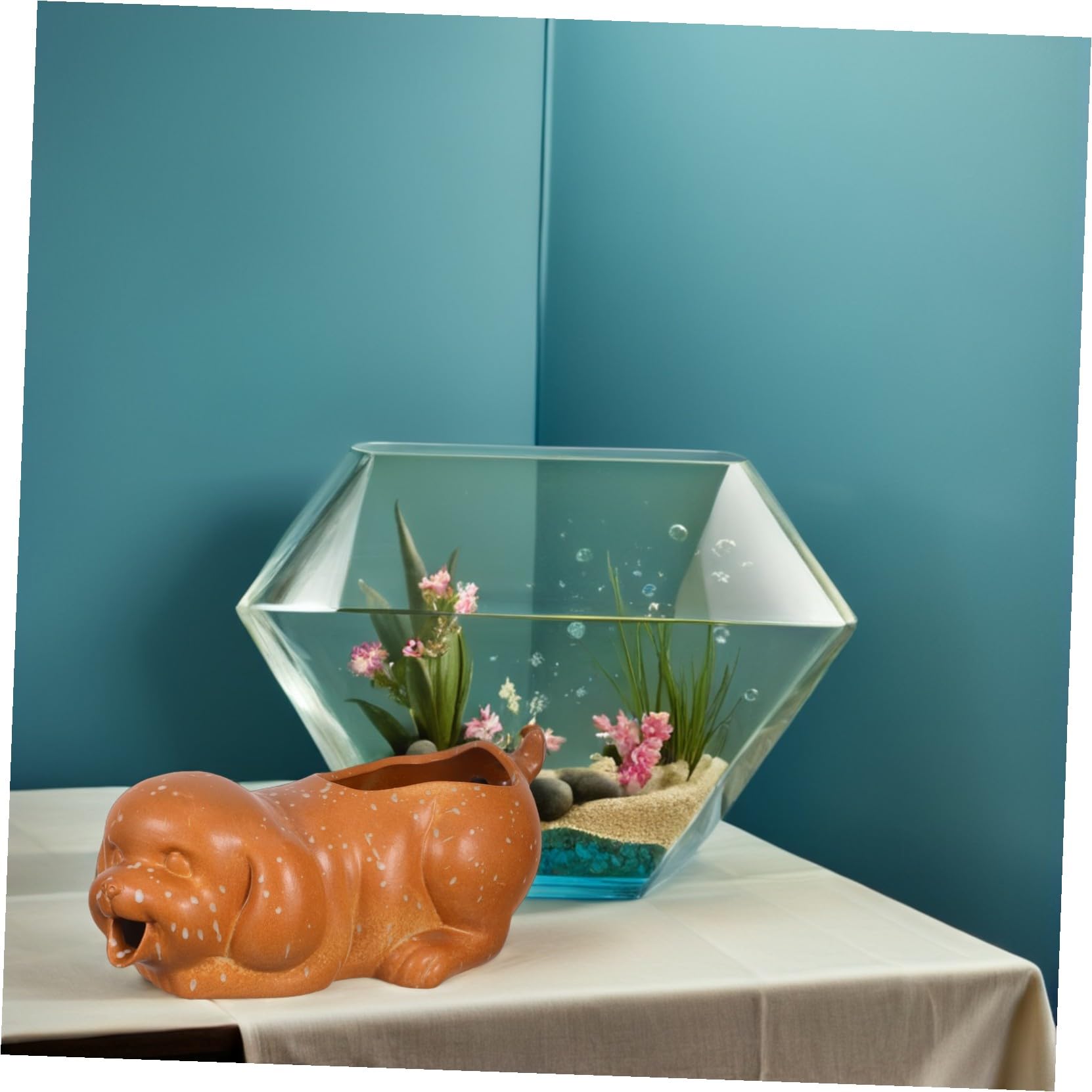 Fontana da Tavolo in Ceramica per Acquario con Statua Cane e d Acqua Decorazione per e Giardino Accessorio Interattivo per Stimolare Attività dei Pesci