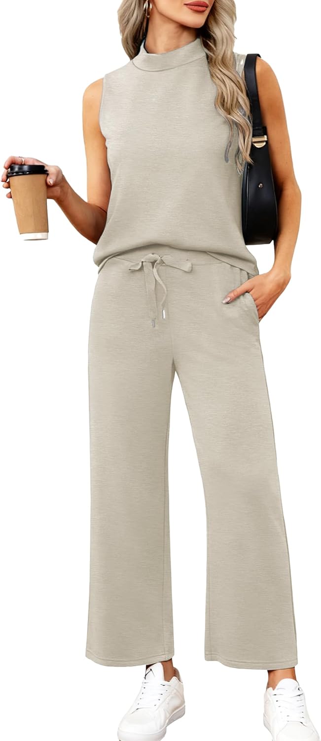 Casly Lamiit Women's Summer 2 Piece Outfits Mock Neck Tank Top Cropped Wide Leg Pants Lounge Sets 2025 Fashion Tracksuit