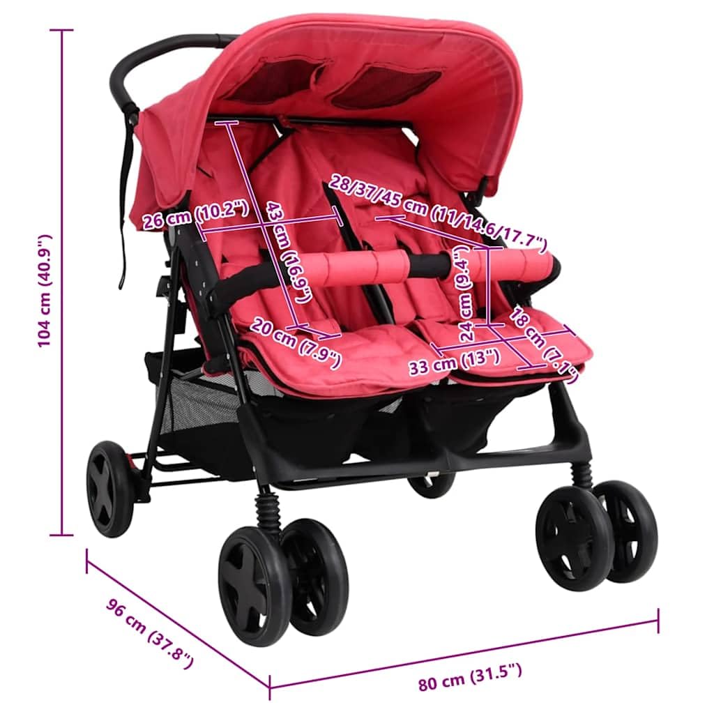 vidaXL Carrito para Gemelos Cochecito Sillita Gemelar Silla de Paseo Canasta Niños Reposapiés Ajustable Dosel Plegable de Acero Rojo