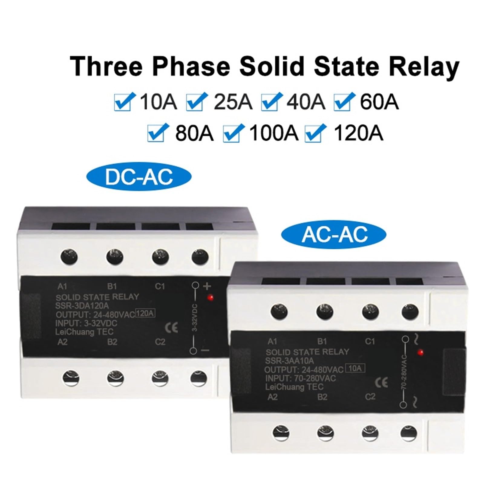 Relé de estado sólido trifásico 10A 25A 40A 60A 80A 100A 120A Control CC Relé de control trifásico CA 3-32VDC