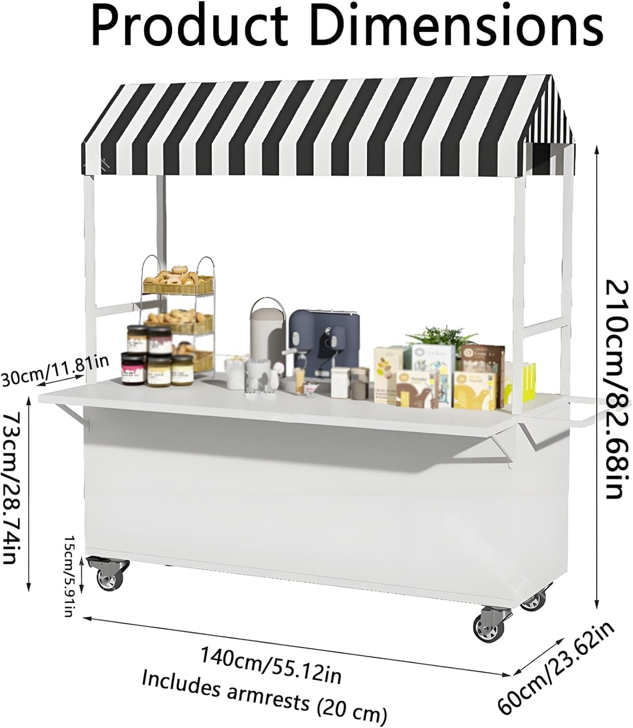 Carrello portavivande portatile con tettuccio e ruote bloccabili con serratura, 139,7 cm di lunghezza x 88,9 cm di larghezza x 210,8 cm di altezza, ideale per artigianato ed eventi (senza ante