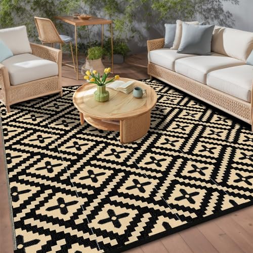 Momooda Alfombra de exterior geométrica de paja de plástico, protección UV, alfombra de terraza reversible, lavable, impermeable, para camping, jardín, para balcón, caravana, color negro y beige, 274