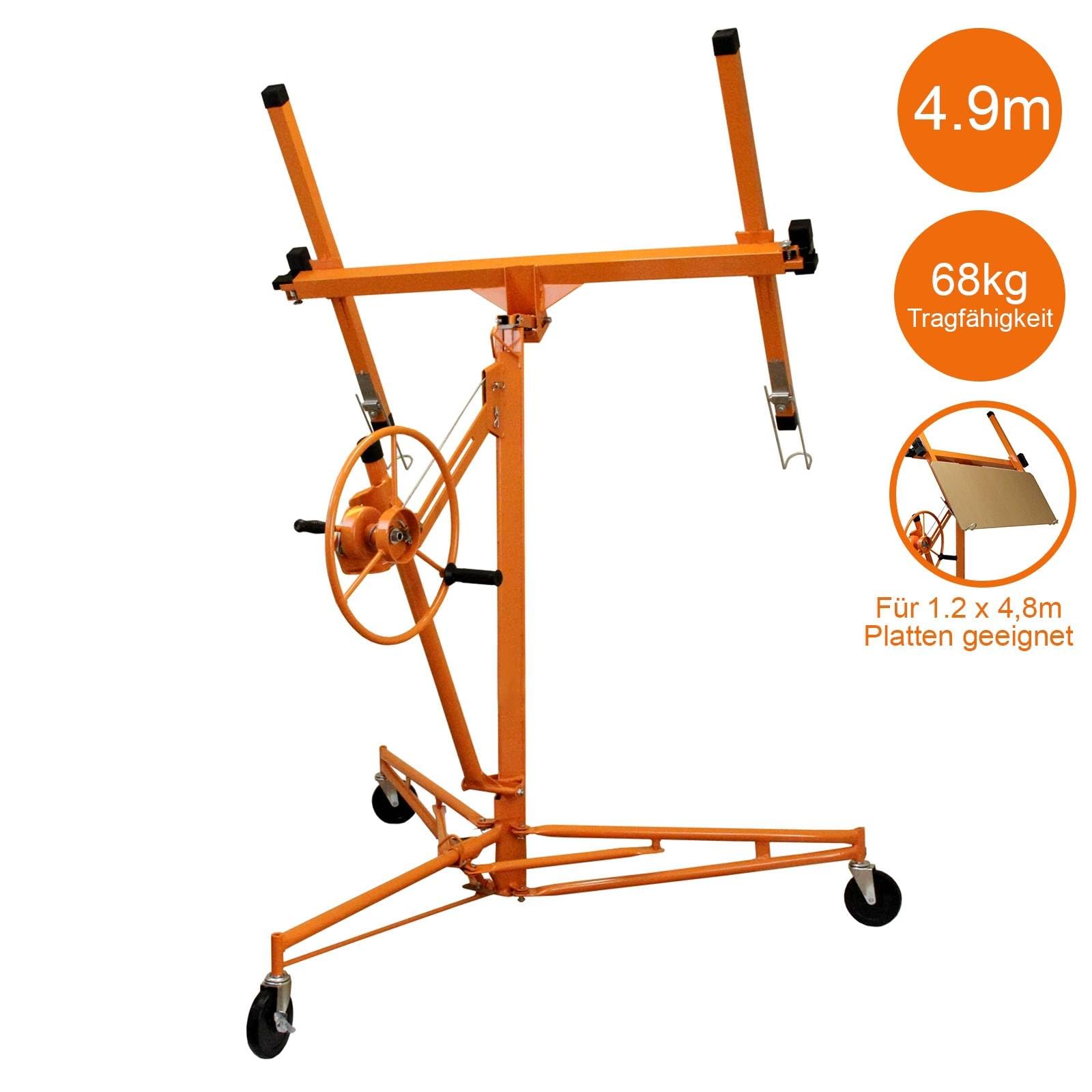 Podnośnik płyt kartonowo-gipsowych podnośnik płyta gipsowa podnośnik arkusz narzędziowy 4,9 m zasięg 68 kg udźwig 10 cm kółka samonastawne mobilne zamykane wytrzymałe składane komercyjne DIY T-Mech