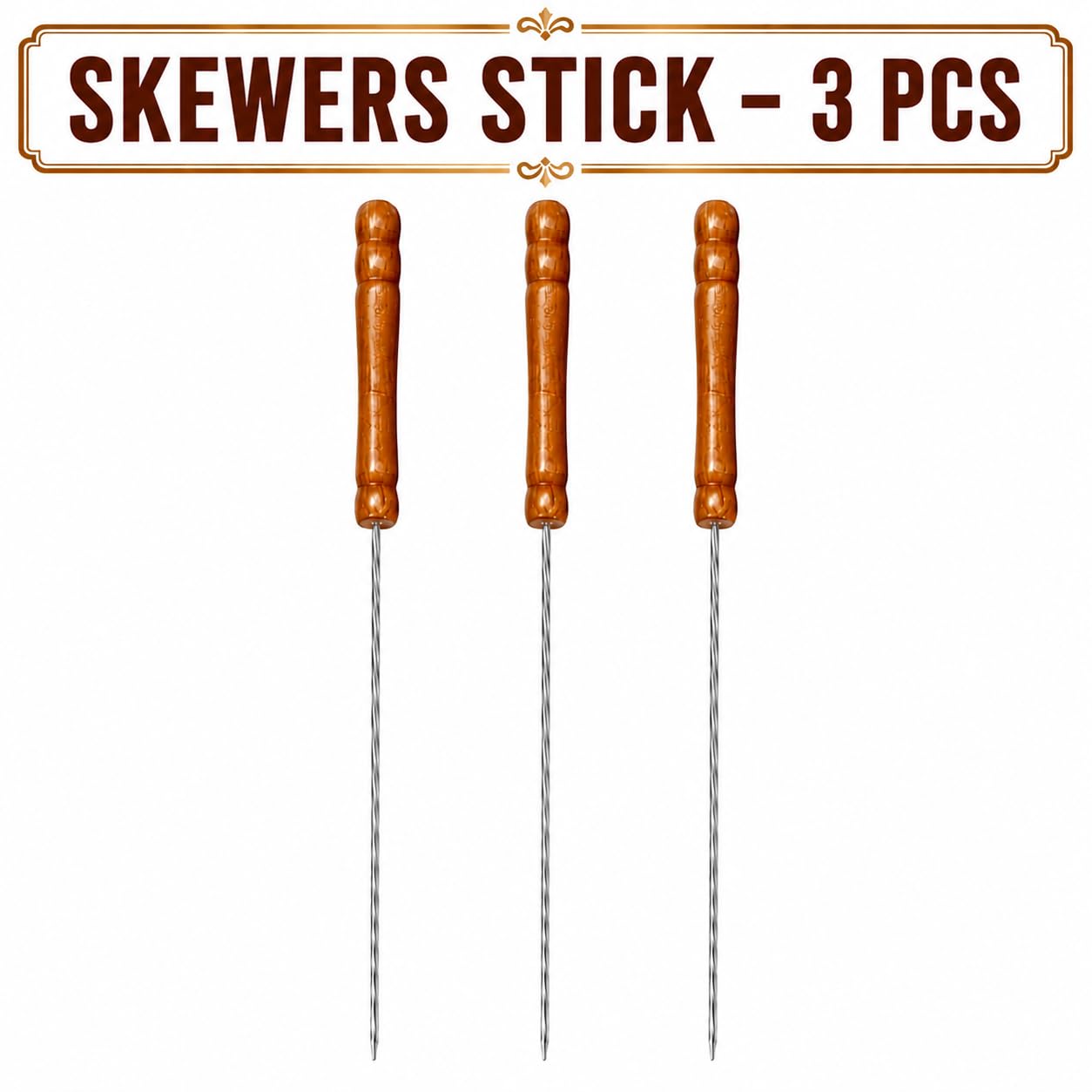 ANGLE Barbeque Skewers Sticks for BBQ Paneer Tikka Tandoori Chicken Seek Kabab 3 pc Stainless Steel Sticks with Wooden Handle Barbecue Rods for Indoor Outdoor Parties-image-19