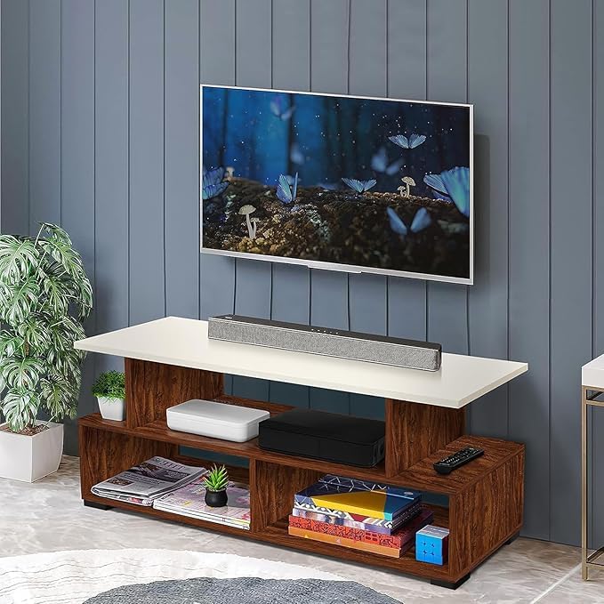 Image of ESTANTERIA Engineered Wood TV Stand for Living Room | TV Unit with Storage Shelf for Set Top Box, Decor & Books | Entertainment Console with Foot Pads (101x40.5x41 cm Oak)