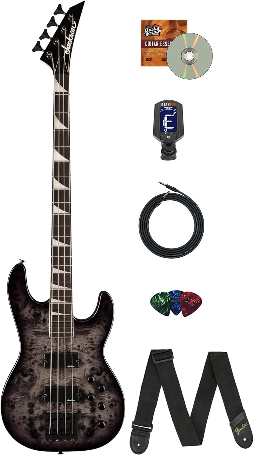 Jackson JS Series Concert Bass CB JS3P Transparent Black Bundle with Cable, Tuner, Strap, Picks, and Austin Bazaar Guitar DVD