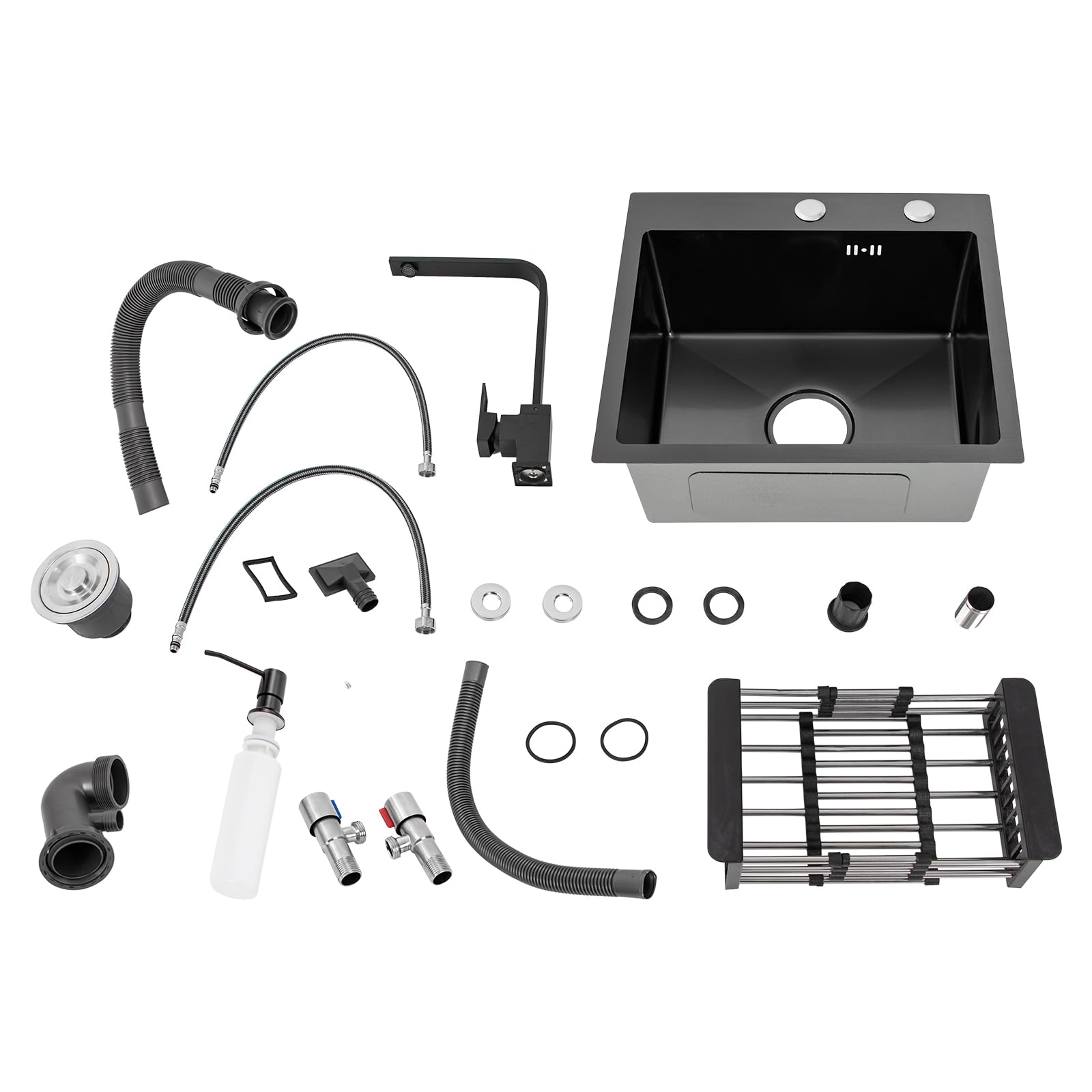Kit de fregadero de cocina de acero inoxidable negro mate, incluye fregadero empotrado, grifo de cocina con dispensador de jabón y bajante de 45 x 40 cm, giratorio 360 ° - Fregadero Cocina 1 Seno