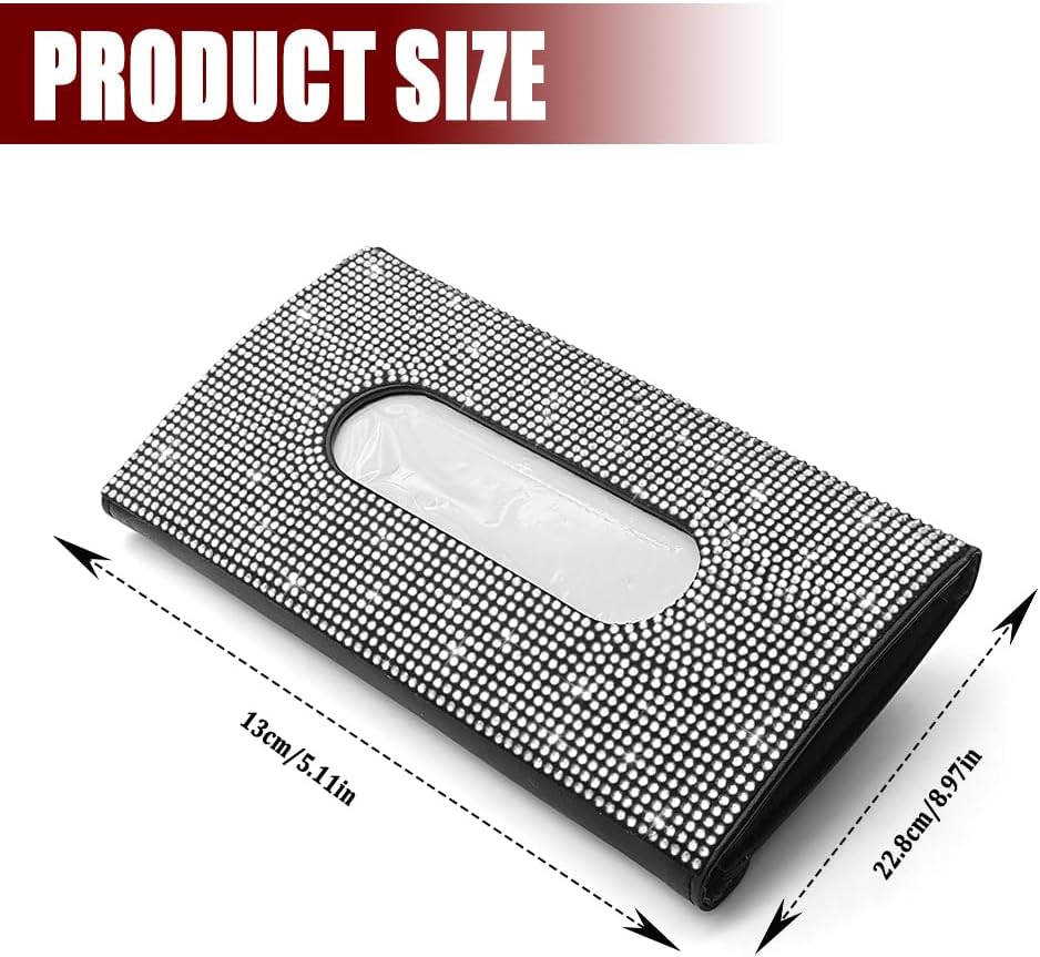 Bling Car Sun Visor Tissue Box Holder, Car Visor Tissue Holder, PU Leather with Bling Crystal Rhinestones Tissue Holder, Backseat Paper Towel Cover Case Auto Accessories for Women (White) image 2