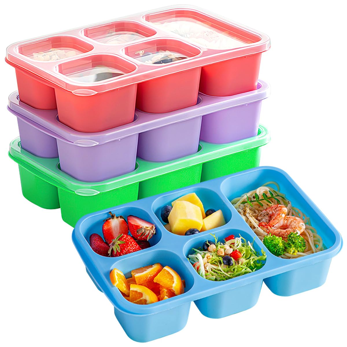Sponsored Ad – 4 Pack Lunch Bento box, Five Compartment Individually Sealed Snack Box, Plastic Compartment Lunch Box with Transparent Lid, Reusable Prevent Cross Flavoring and Microwaveable(Pink/Blue/Purple/Green)