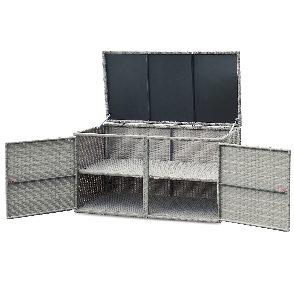 HOMASIS Baúl de exterior de ratán PE, cofre de almacenamiento de 2 niveles, banco de almacenamiento multiusos de exterior, 115 x 60 x 65 cm (Gris)