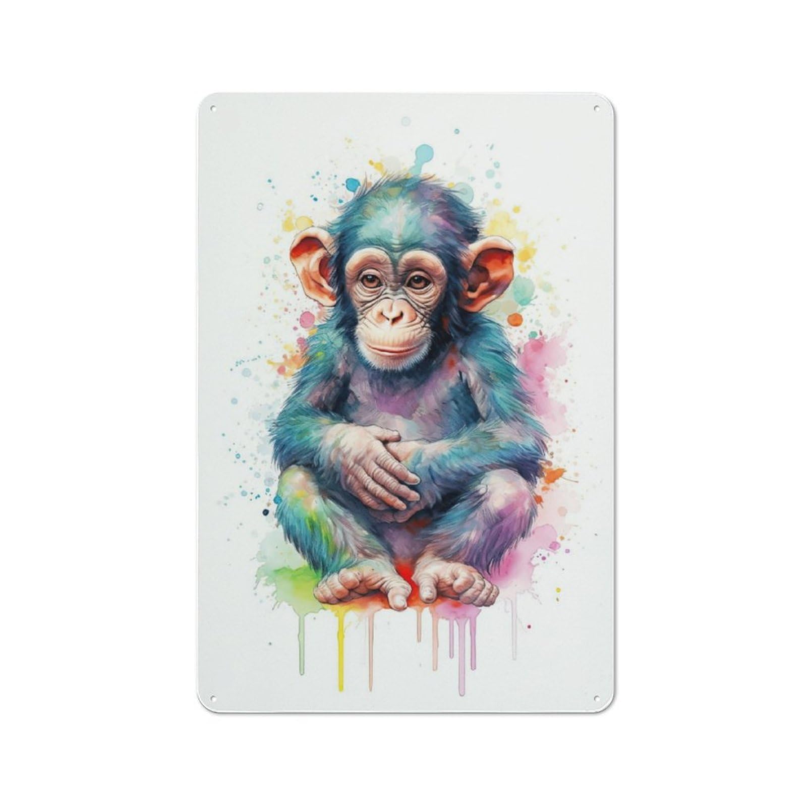 Vintage Metal Plaque 30x20cm Featuring Watercolor Baby Monkey for Home Bar Wall, A Metal Wall Feature for Home Bars And Entertaining Spaces