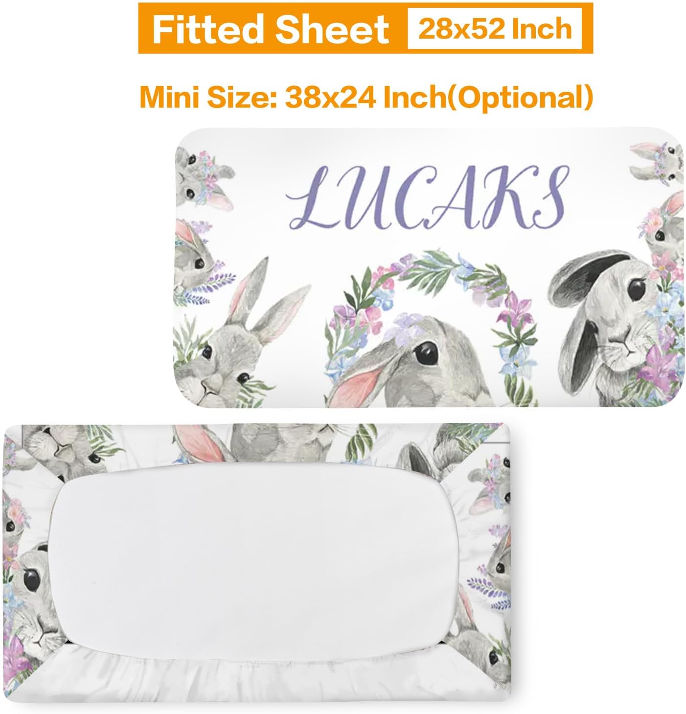 Custom Baby Crib Bedding Set, 4 Pcs Personalized Bunny Design Bedding Set with Name, Soft Blanket Fitted Sheet Pad Cover Rug for Girls Boys New Parents Baby Shower Toddlers Gifts Nursery Decor