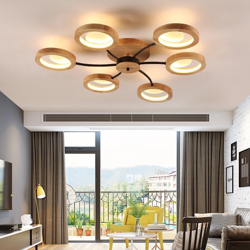 Wooden Ceiling Light LED Dimmable Ceiling Lamp Large With Remote Control Living Room Lamp Light Color/brightness Adjustable Bedroom Lamp Modern Dining Room Kitchen Acrylic Pendant Lighting(6 HEADS)