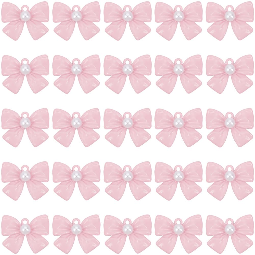 SUNNYCLUE 1 Box 30Pcs Pink Bowknot Charms Metal Bow Charm Bulk Alloy Imitation Pearl Bowknots Tie Bows Connectors Charm for Jewellery Making Pendants Necklace Bracelet Earrings DIY Craft Finding