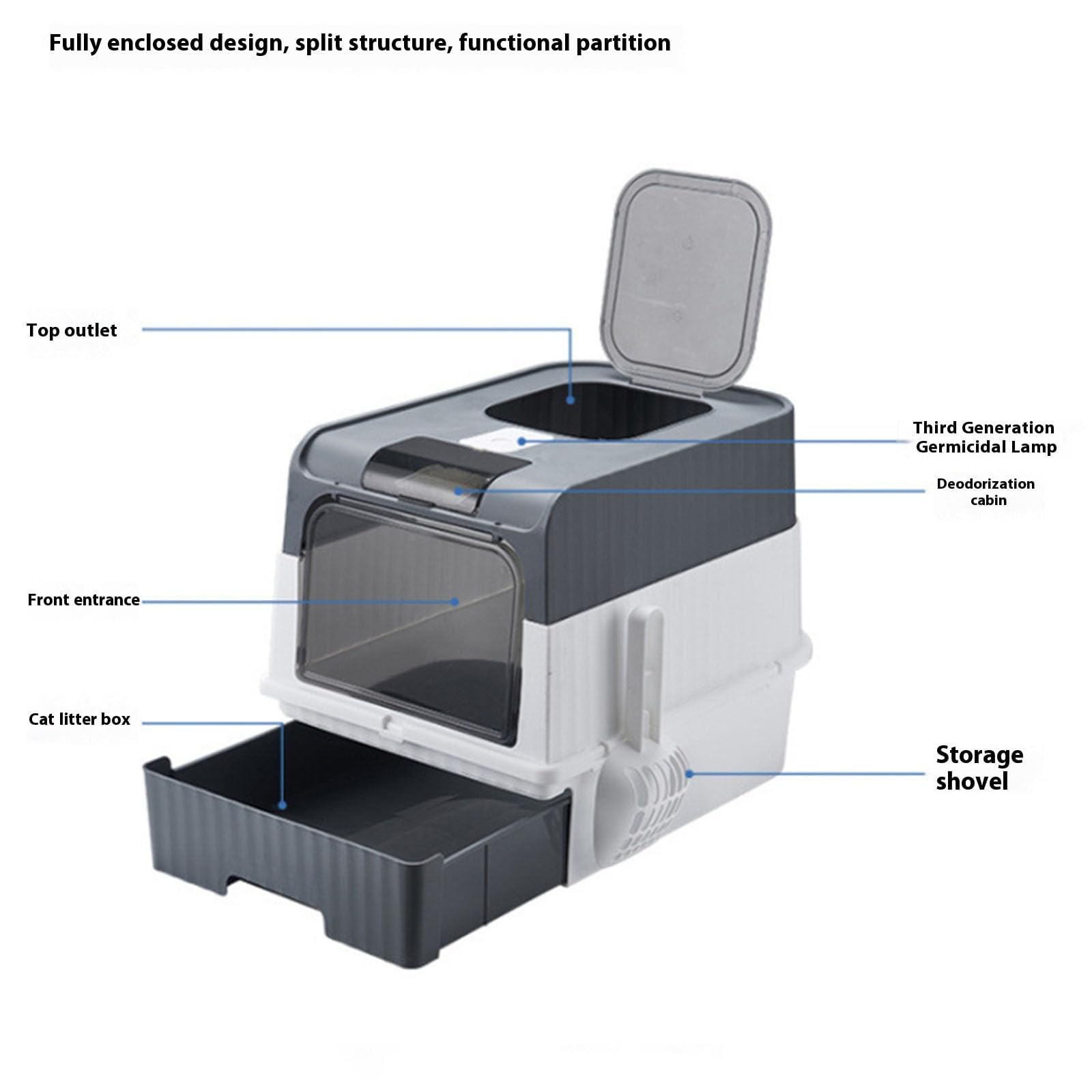 Lettiera autopulente per gatti, pieghevole, con coperchio e paletta, design con ingresso frontale per un facile accesso, portatile e facile da pulire (grigio)