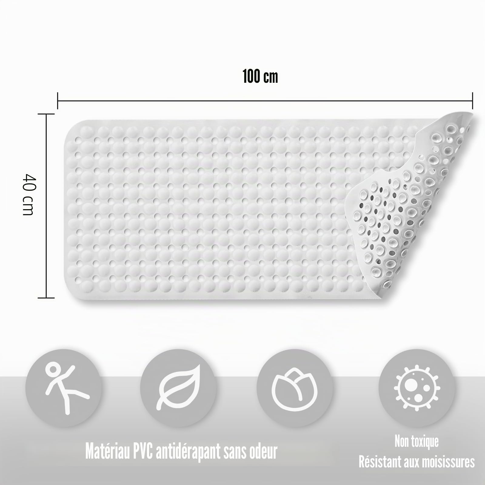 Tapis antidérapant baignoire 100 x 40 cm PVC Caoutchouc lavable en machine