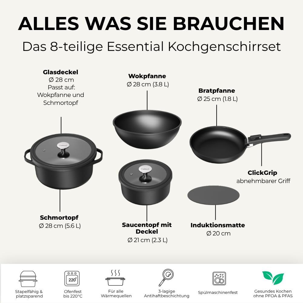Essential Topfset 8-teilig, Töpfe & Pfannen Set mit abnehmbarem Griff, stapelbar und platzsparend, Antihaft Kochtopf Set und Camping Kochset für Induktion und Ceranfeld, einfache Reinigung