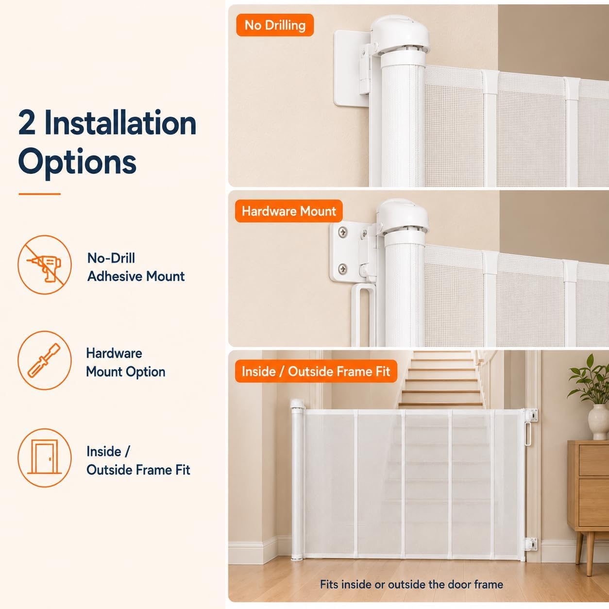 Barrera Retráctil Extra Alta para Mascotas, Ideal para Escaleras Y Puertas - Barrera De Malla Ancha para Perros Y Gatos - Puerta Y Valla para Perros, Apta White 47.24 Tall x 59.06 Wide