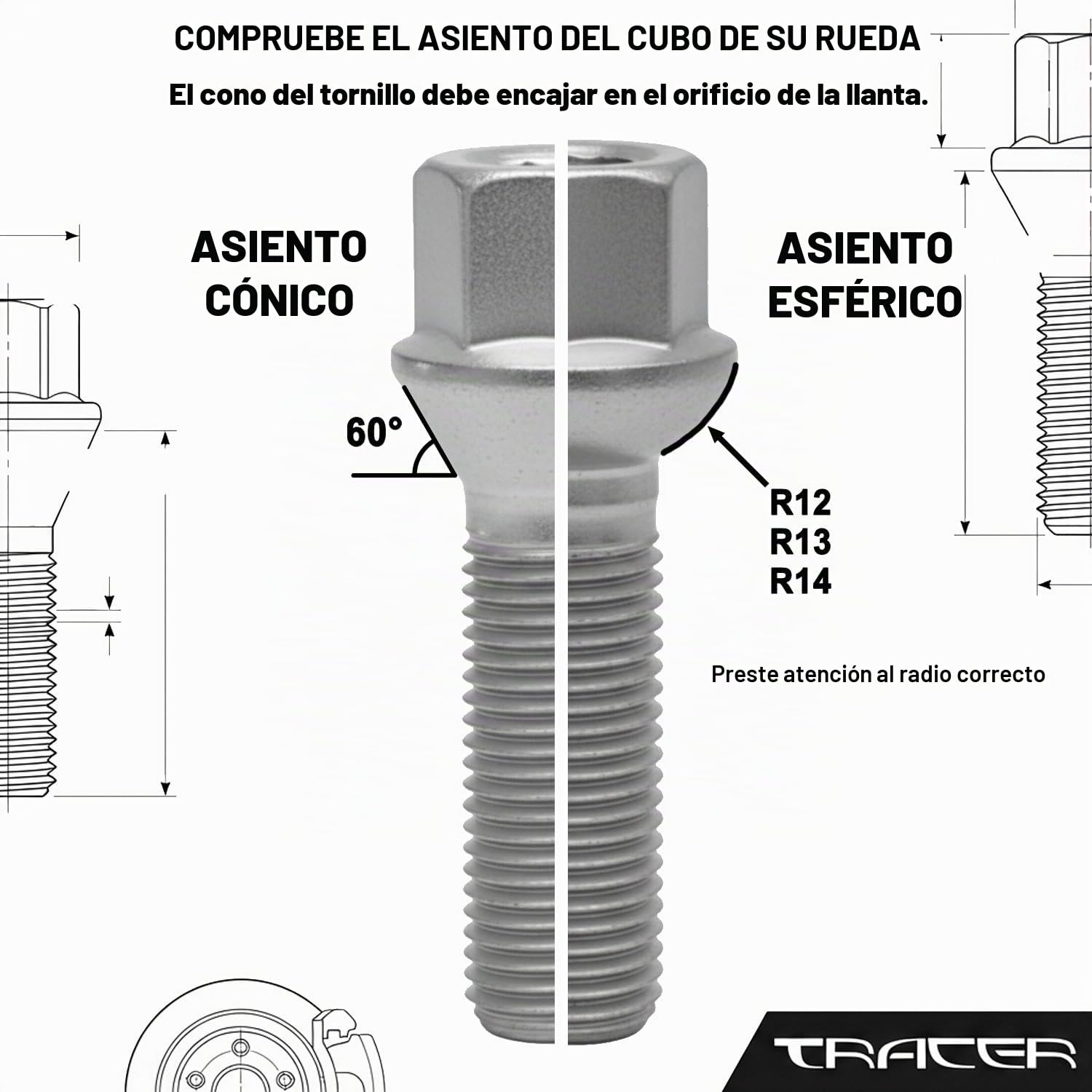 TRACER 20 Pernos de rueda negro Pernos de rueda Cono Cintura M14x1,25 28mm compatible con BMW