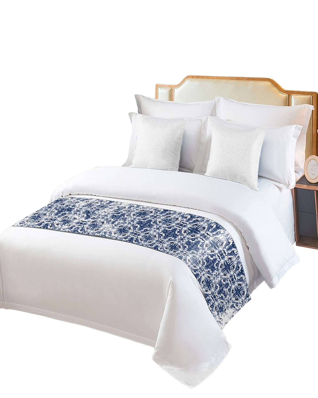 Ldtrchee Bed Runner for King Size Bed, Navy Blue Boho Bed Scarf Throws for Foot of Bed, Ehtnic Abstract Art Modern Geometric Luxury Bedding Protector Bed Runners for Hotel/Home, 94 x 20 Inch