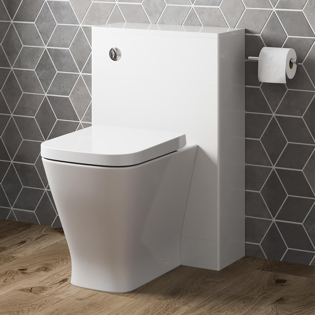 Baystone® Modern Bathroom Cloakroom Back to Wall BTW Toilet WC 500mm Furniture Unit Square Pan Soft Close Seat Dual Flush Cistern, White Gloss