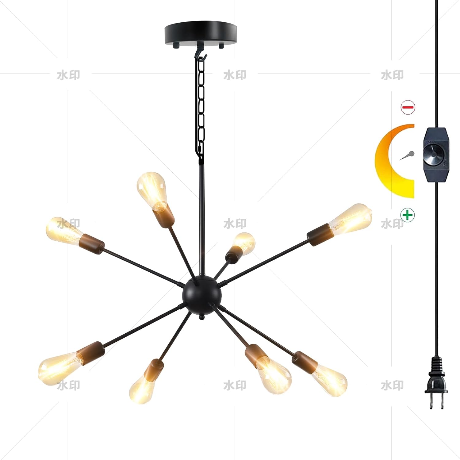 HOXIYA DIMMABLE Modern Sputnik Chandelier 26.3" Light Fixture, Plug in Black 8-Lights Pendant Light, Midcentury Hanging Ceiling Lighting Fixture for Home Lamp, Bedroom, Dining Room, Kitchen, Office