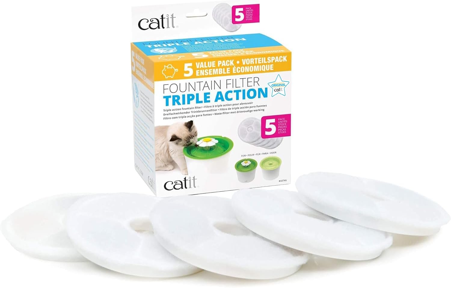 Triple Action Water Fountain Filters, Replacement Cat Drinking Fountain Filters, 5 Pack