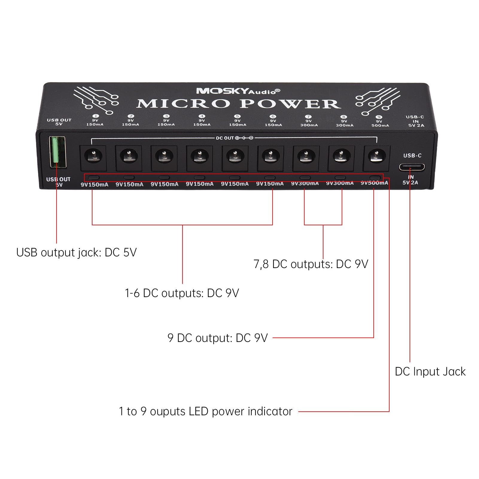 Btuty Alimentatore per Chitarra Ricarica di Strumenti Musicali A 10 Canali con Protezione da Cortocircuito Indipendente Indicatore LED 9 Uscite Dc E 1 Uscita USB per Effetti A Pedale Chitarra Altri