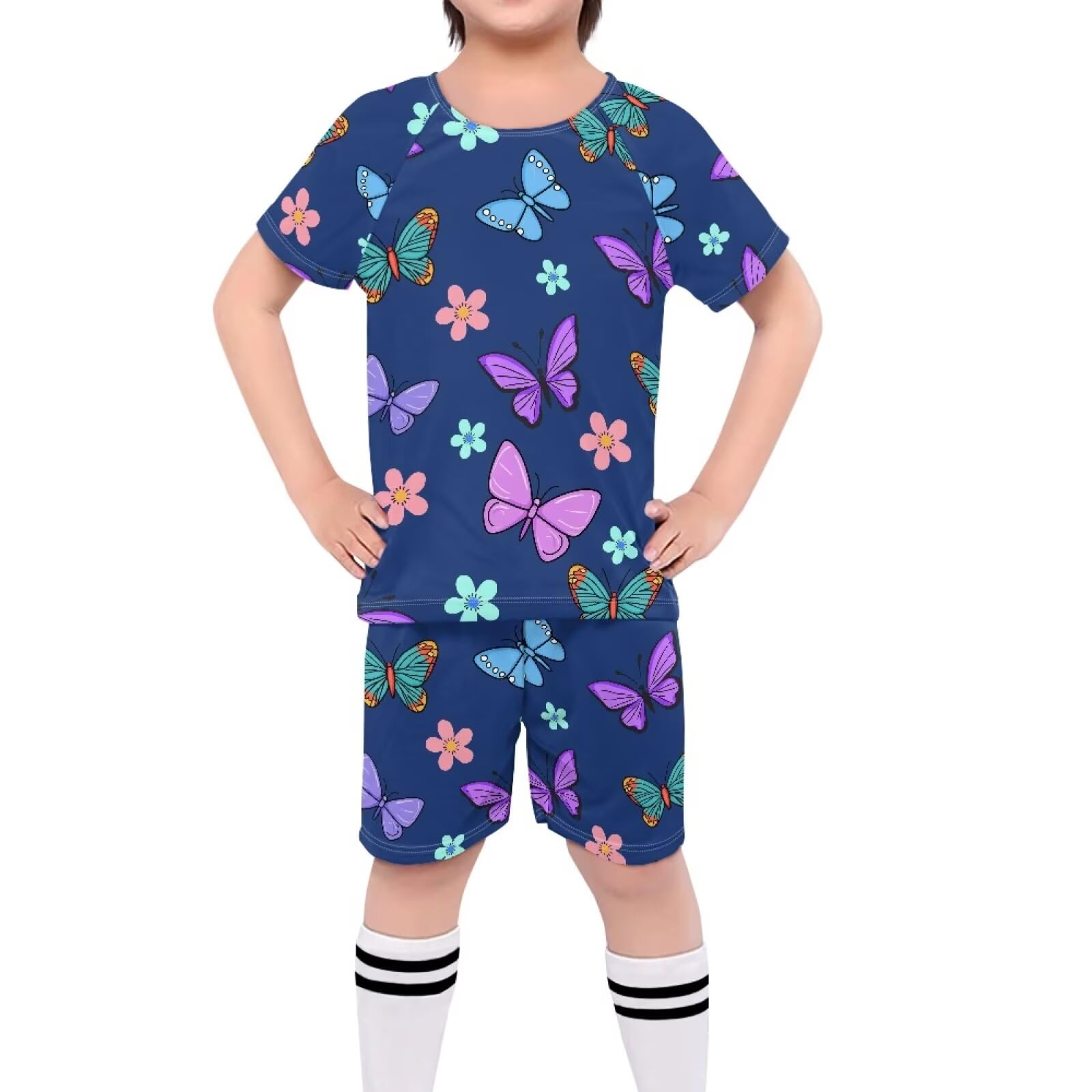 ORGYPET Butterfly Blue Boys Soccer Jersey Children's 2024 Trendy Football Suit Stretchy Comfortable Kids Soccer 2024 Trendy Uniform for Kids Soccer Uniforms for Boys Basketball Soccer Baseball, L