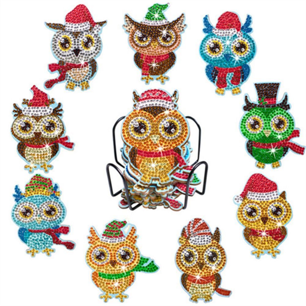10Pcs Diamond Art Coasters Kits with Holder, 5D Christmas Winter Diamond Art Painting Coasters Kit, DIY Adult Paint by Number Craft Supplies Gift-Owl