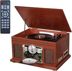 ANVAR VEDO Toca-Discos 10 em 1 Bluetooth com CD, Cassete, Rádio FM e Conversor LP/MP3 - Design Retrô em Mogno, 3 Velocidades, Alto-Falantes Integrados e Tensão 110v/220v Colecionadores e Amantes
