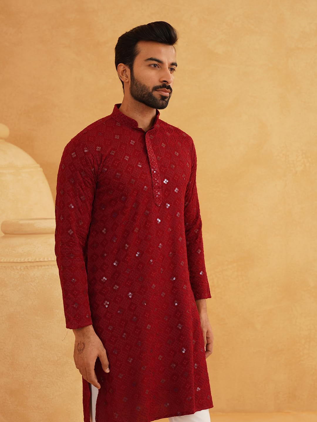 Sojanya (Since 1958 Men's Cotton Embroidered Sequinned Maroon Long Kurta Size 42