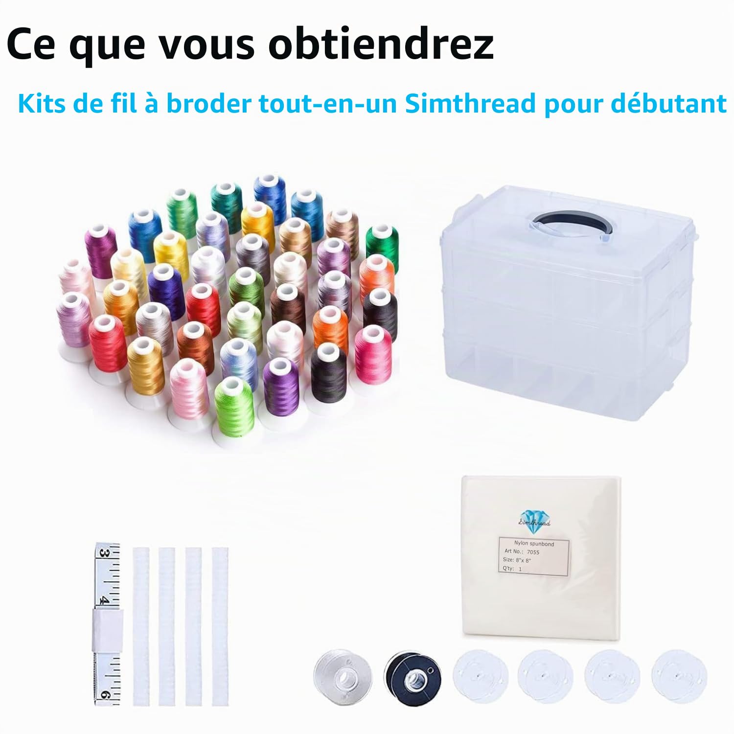 Simthread Kit de Fils à Broder – 63 Couleurs x 550 Yards, Fil Polyester Anti-Enchevêtrement avec Boîte de Rangement Empilable, Canettes, Outils – Compatible avec Brother, Janome, Babylock et Plus