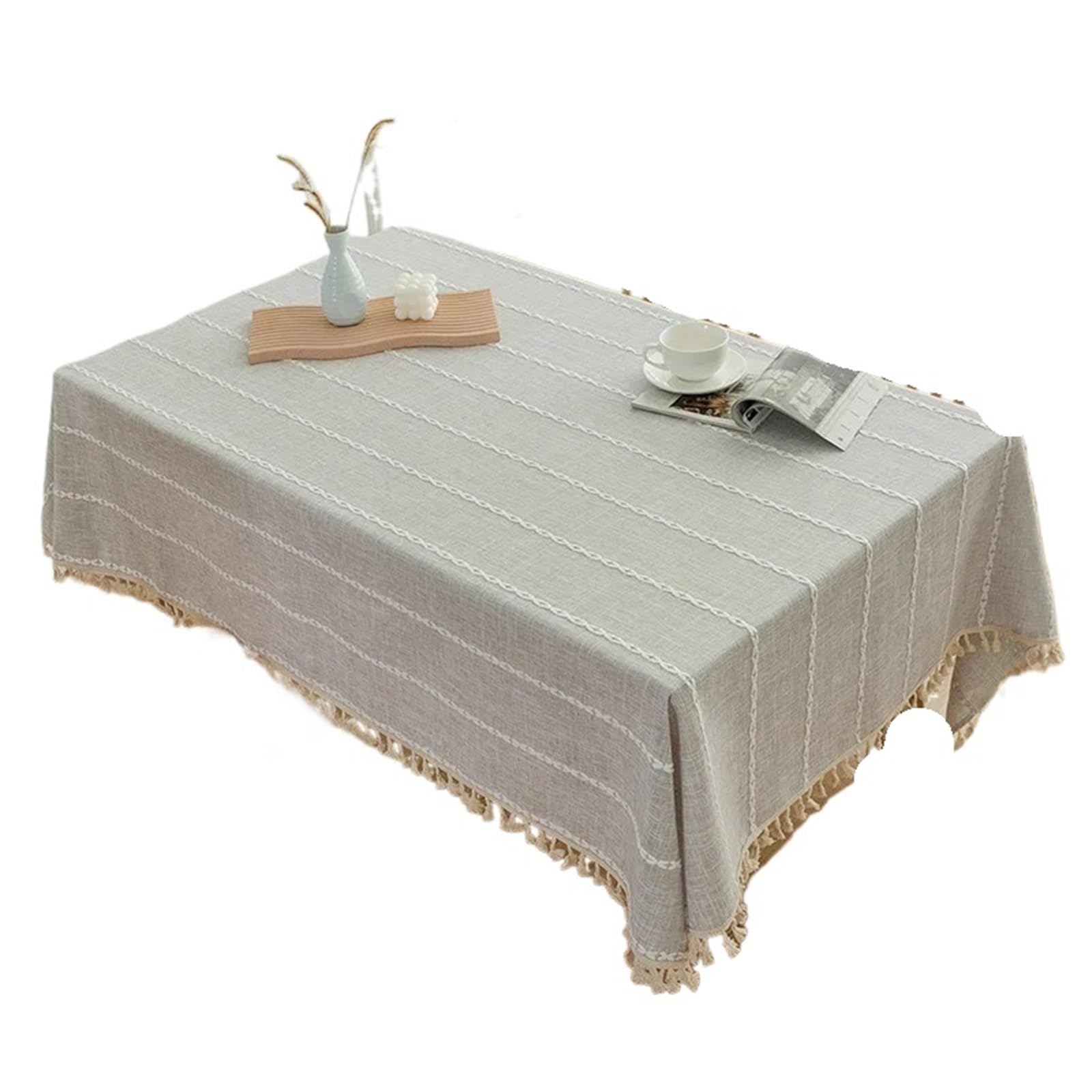 FonHNDG Striped Tablecloth Rustic Embroidery Table Cloth, Cotton Linen Stripe Tassel Tablecloth Antifouling Dust Proof Cover For Kitchen Dining Decor(Brown,90x140cm)
