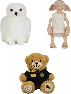 Harry Potter Wizarding World Companions Set Bundle - Includes Hufflepuff Bear, Large 12" Hedwig Owl & Posable 16" Dobby Plush - Officially Licensed Stuffed Animal Set