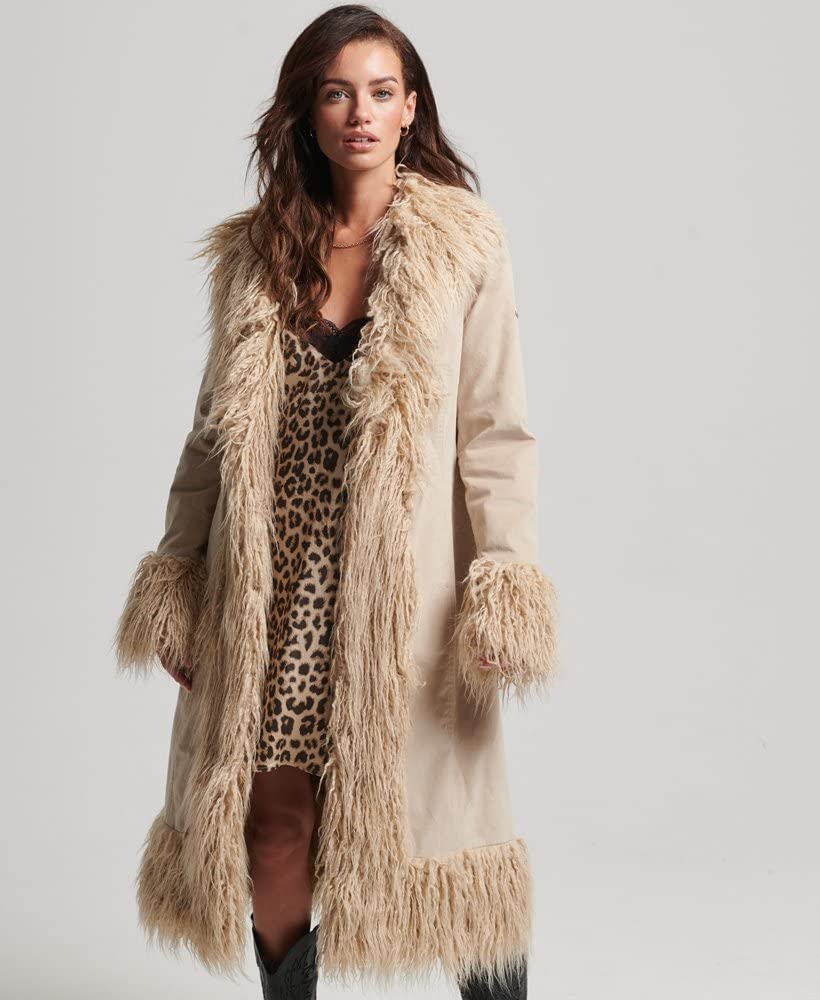 Superdry Damen Längerer, afghanischer Mantel mit Kunstfellfutter Stonewash Taupe Braun 38