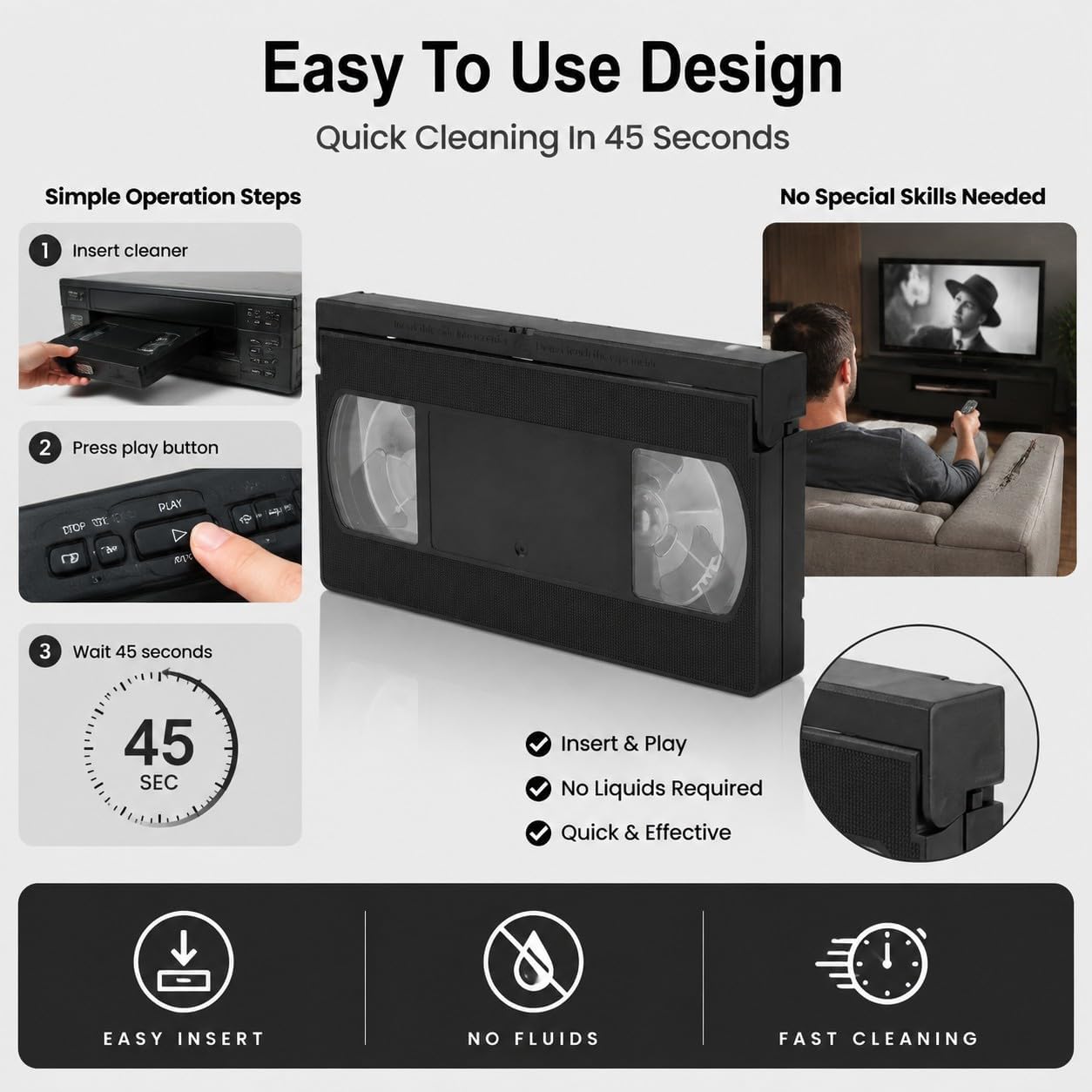 VCR VHS Head Cleaner Reusable Video Player Head Cleaning Tool Black Dry Technology No Fluid Required - Protects Device Longevity, Easy Maintenance for VCR VHS Players image 5