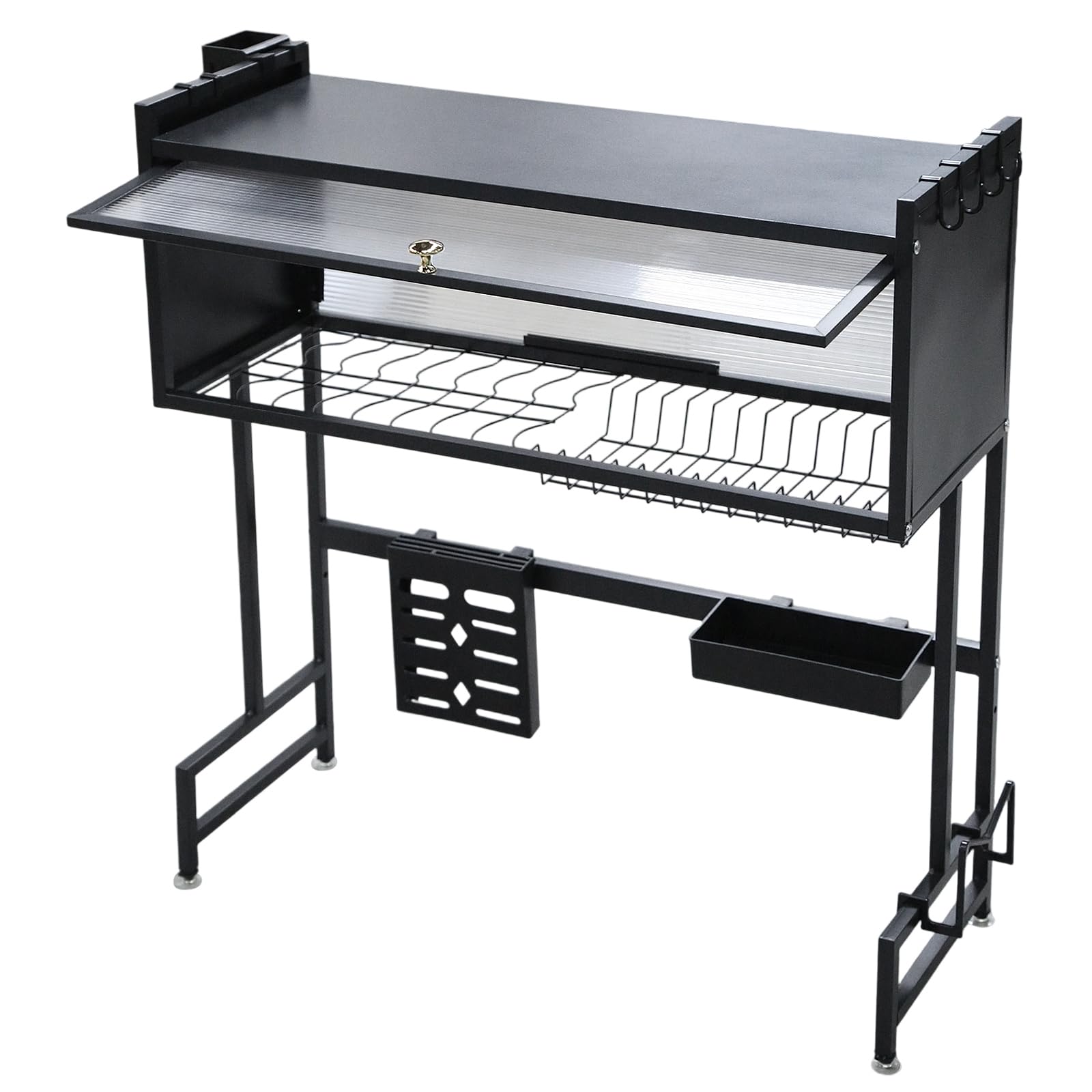 Over The Sink Dish Drying Rack,Heavy Duty Metal Drainer Rack with Flip Cover,Kitchen Dishes Storage Shelf Utensil Holder for Kitchen Counter Organizer(Black)