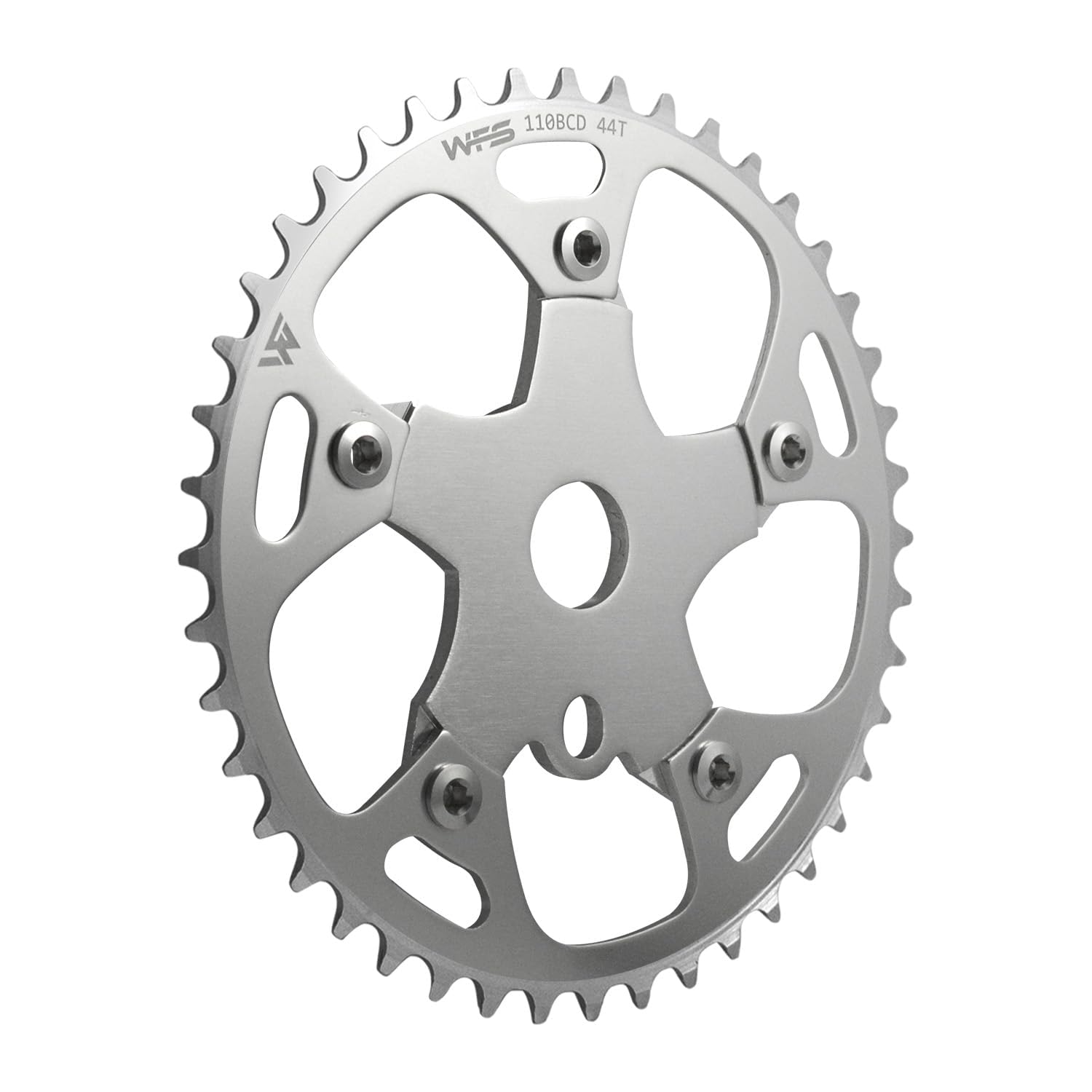WFS Pulsar Chainring w/Spider Sprocket 44T 1/8" 110mm BCD 5 Arm Hole Old School BMX, Silver, WFS3081-BO