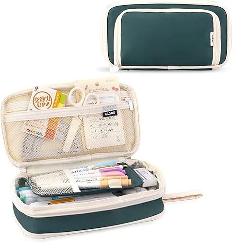 iSuperb Estuche para lápices de gran capacidad, bolsa portátil para bolígrafos con 2 compartimentos, organizador de bolígrafos verde oscuro para la