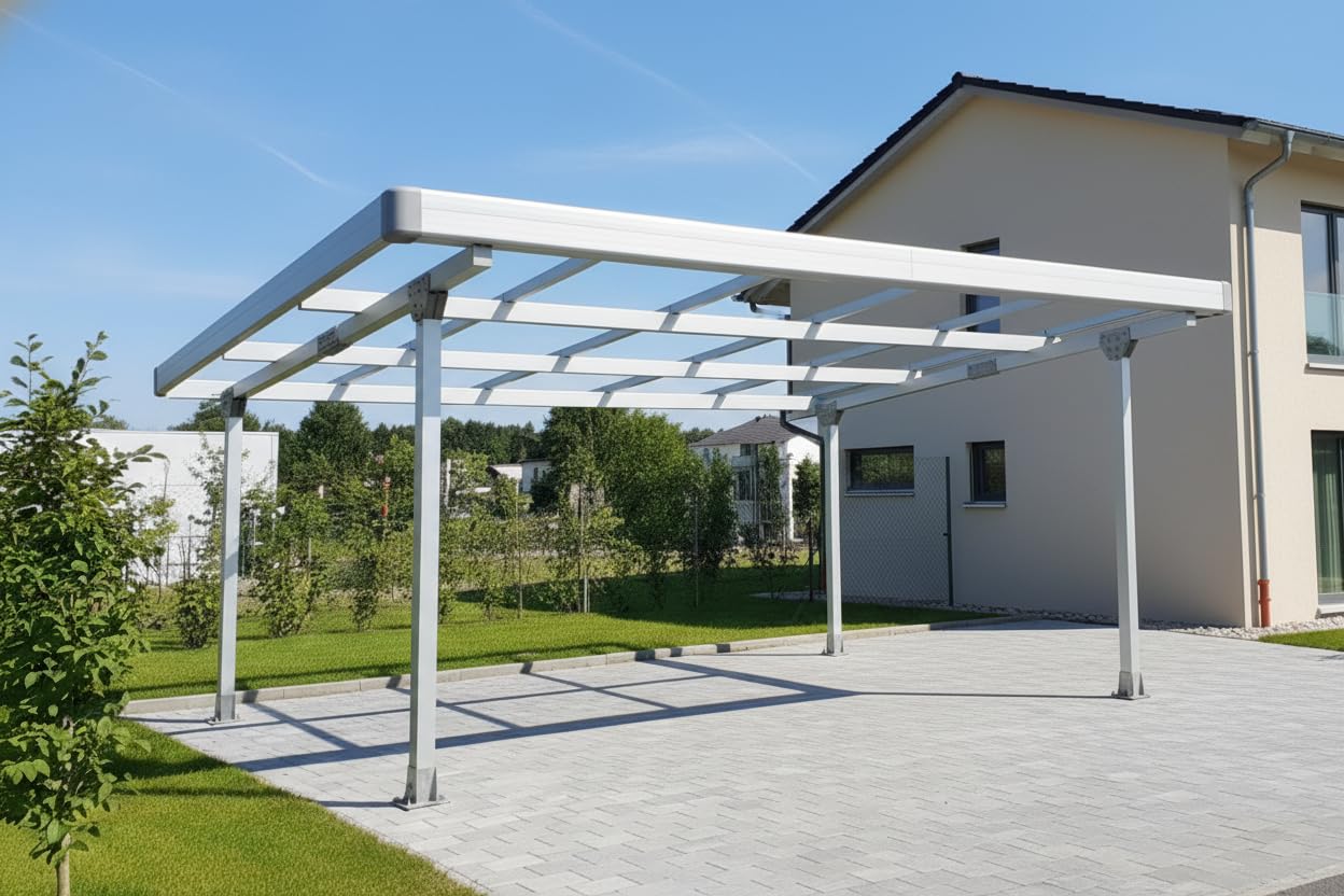 Doppelcarport Carport Gestell für 2 Autos mit Dachverkleidung & Regenrinne, Silber