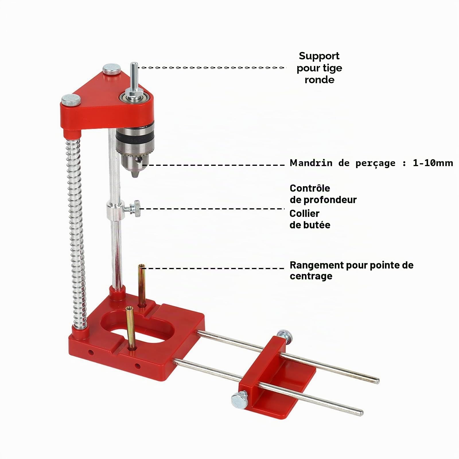 Support de perçage pour perceuse, gabarit de perçage réglable portable, outil de précision pour travail du bois, ensemble d’outils de guidage manuels verticaux (Rouge)