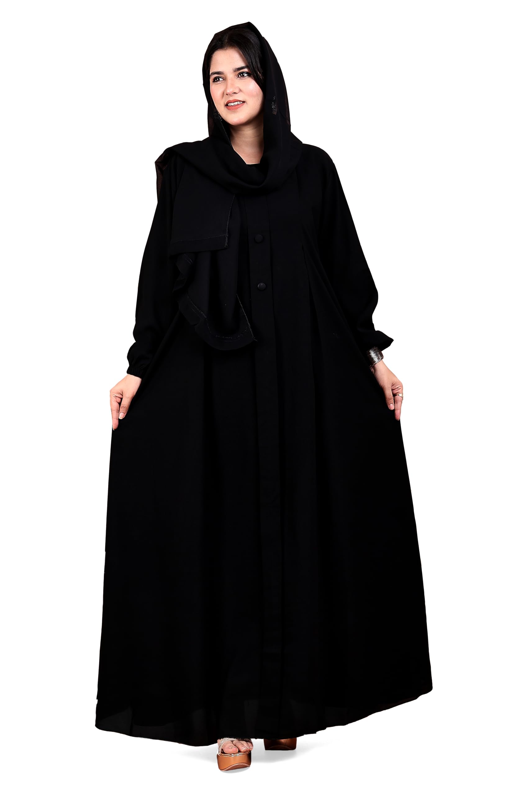 elastic sleeves round neck 1 box and 3 button on front made up of premium firdos fabric full lenght burqa for womens and girls