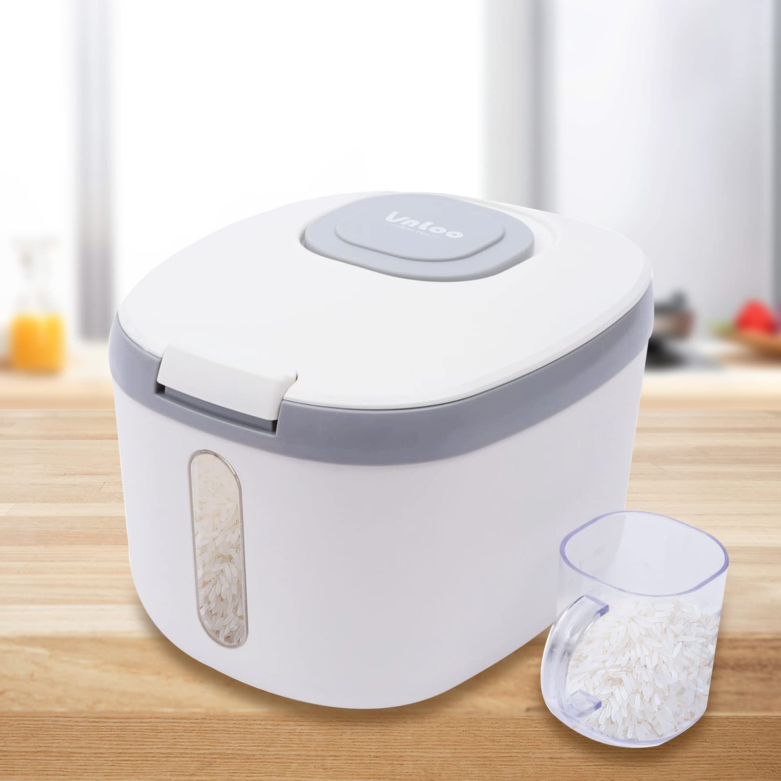 Recipiente hermético de 5 kg, dispensador de arroz con tapa y vaso medidor, caja de almacenamiento de cocina, para arroz, cereales, pasta, harina (gris, 5 kg)