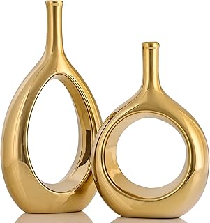 Glossy Gold Ceramic Vase Set 2,Modern Hollow Circle with Hole Flower Vas...